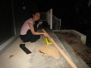 Showing off the cut edge- I later noticed it was a bit crooked, as I'd neglected to keep the wood straight (the weight of the wood pulled it to the ground)